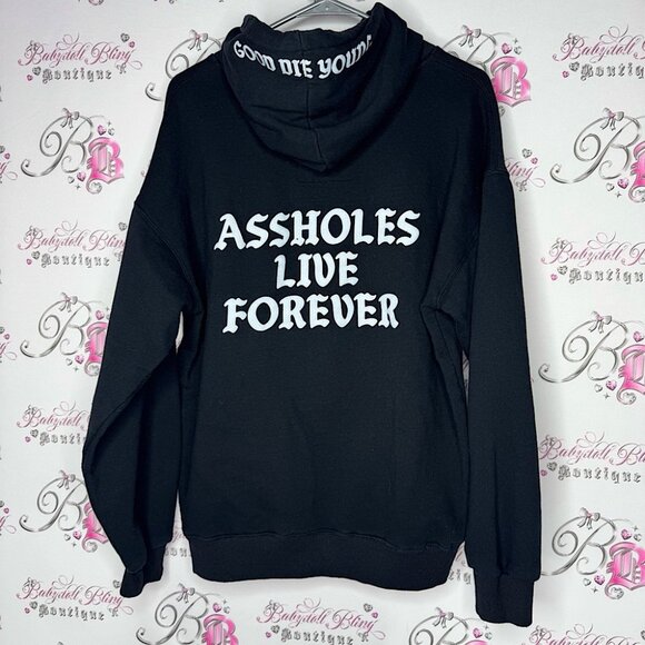 ALF assholes live forever good die young hoodie pull over Black Graphic Hoodie - Picture 1 of 8
